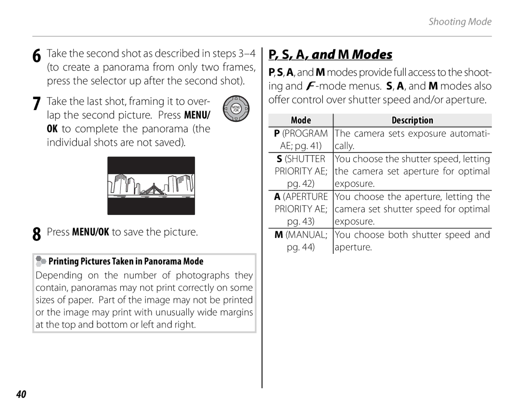 FujiFilm S1800, S1900, S1600 A, and M Modes, Press MENU/OK to save the picture, Printing Pictures Taken in Panorama Mode 