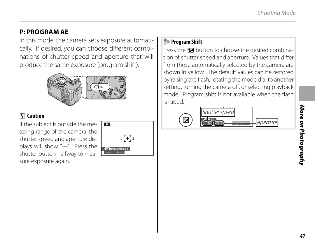 FujiFilm S1900, S1800, S1600, S1700, S2700HD, S2500HD owner manual Program AE, Program Shift 