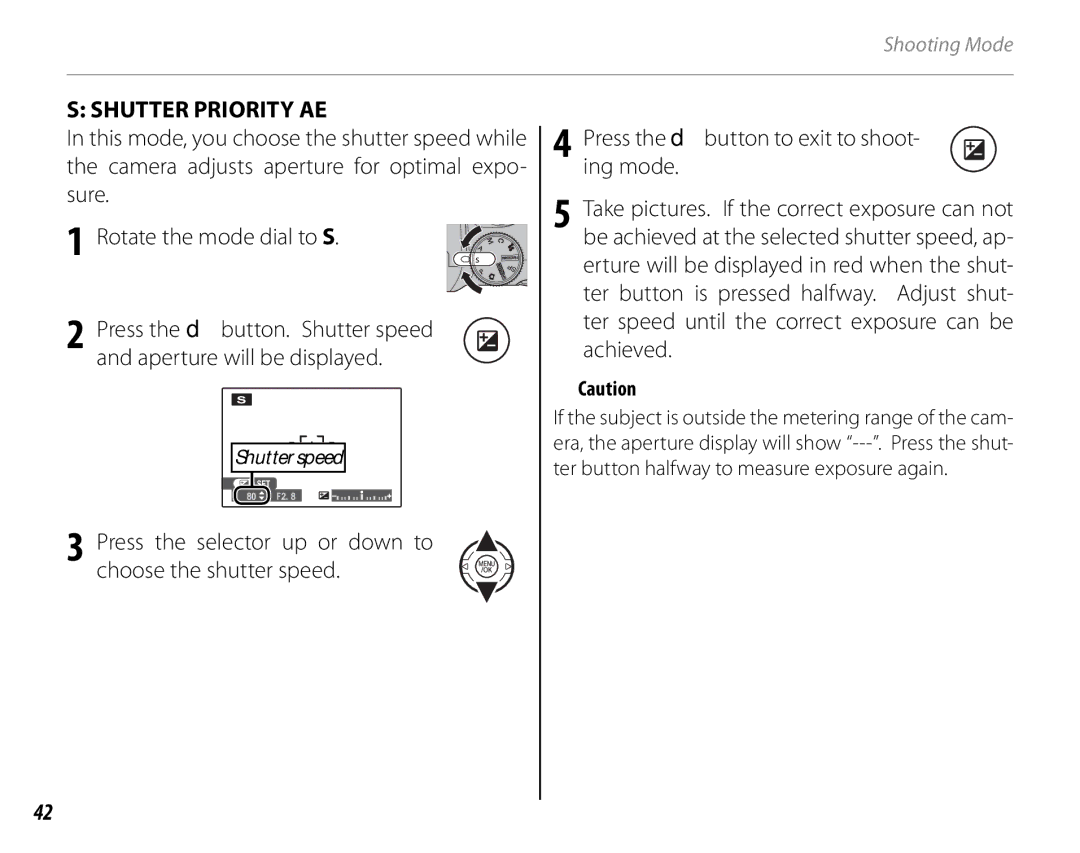 FujiFilm S1600, S1800, S1900, S1700, S2700HD, S2500HD owner manual Shutter Priority AE 