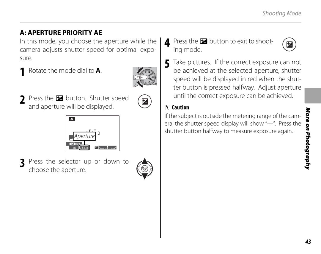 FujiFilm S1700, S1800, S1900, S1600, S2700HD, S2500HD owner manual Aperture Priority AE 