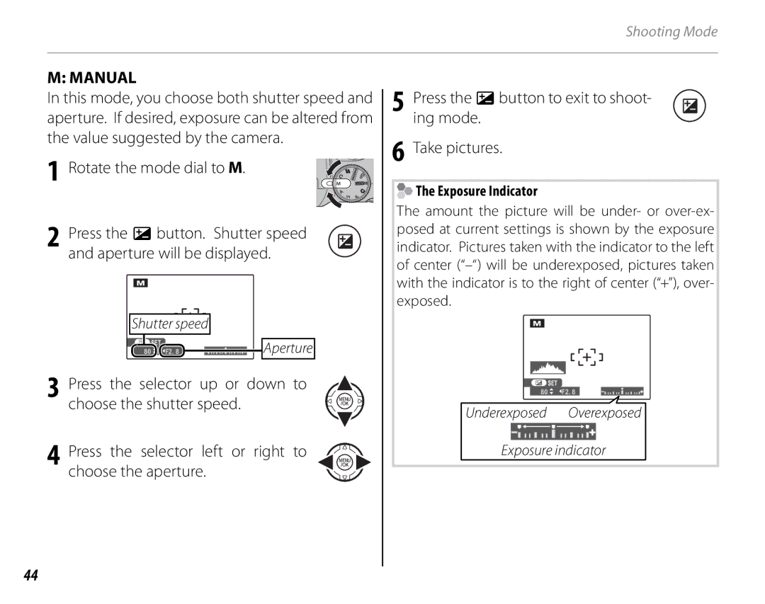 FujiFilm S2700HD, S1800, S1900, S1600, S1700, S2500HD owner manual Manual, Exposure Indicator 