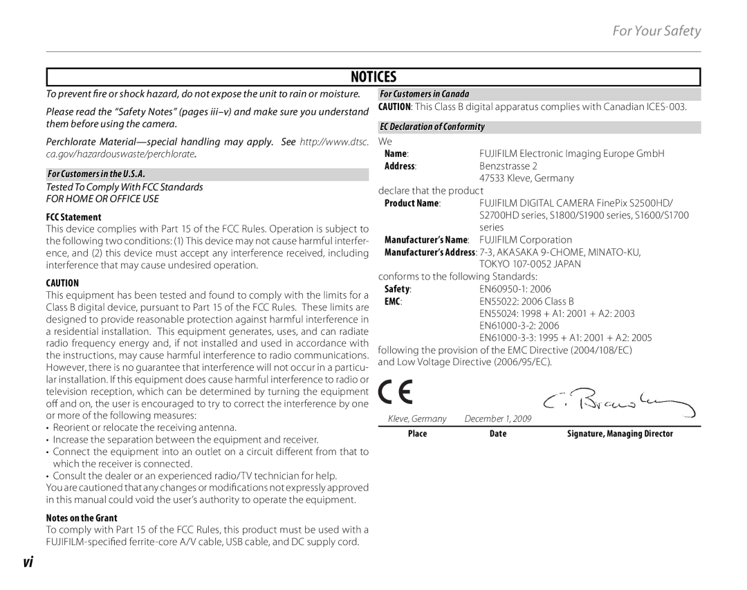 FujiFilm S1800, S1900, S1600, S1700, S2700HD, S2500HD owner manual For Customers in the U.S.A 