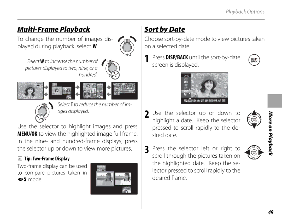 FujiFilm S1700, S1800, S1900, S1600, S2700HD, S2500HD owner manual Multi-Frame Playback, Sort by Date, Tip Two-Frame Display 