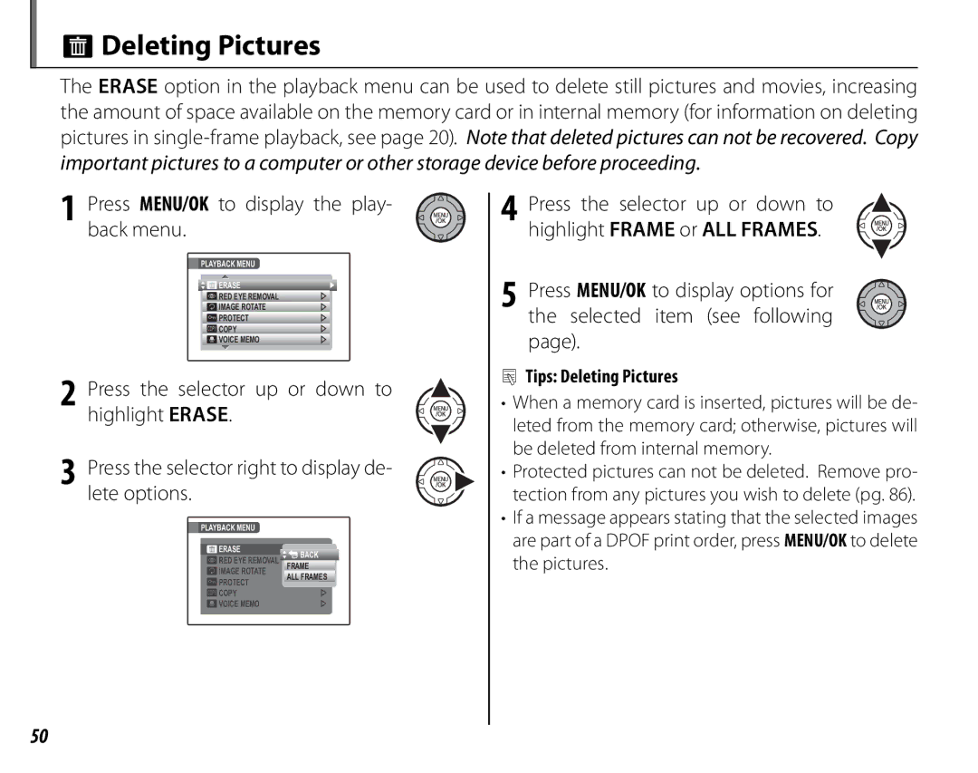 FujiFilm S2700HD, S1800, S1900 ADeleting Pictures, Press MENU/OK to display the play- back menu, Tips Deleting Pictures 