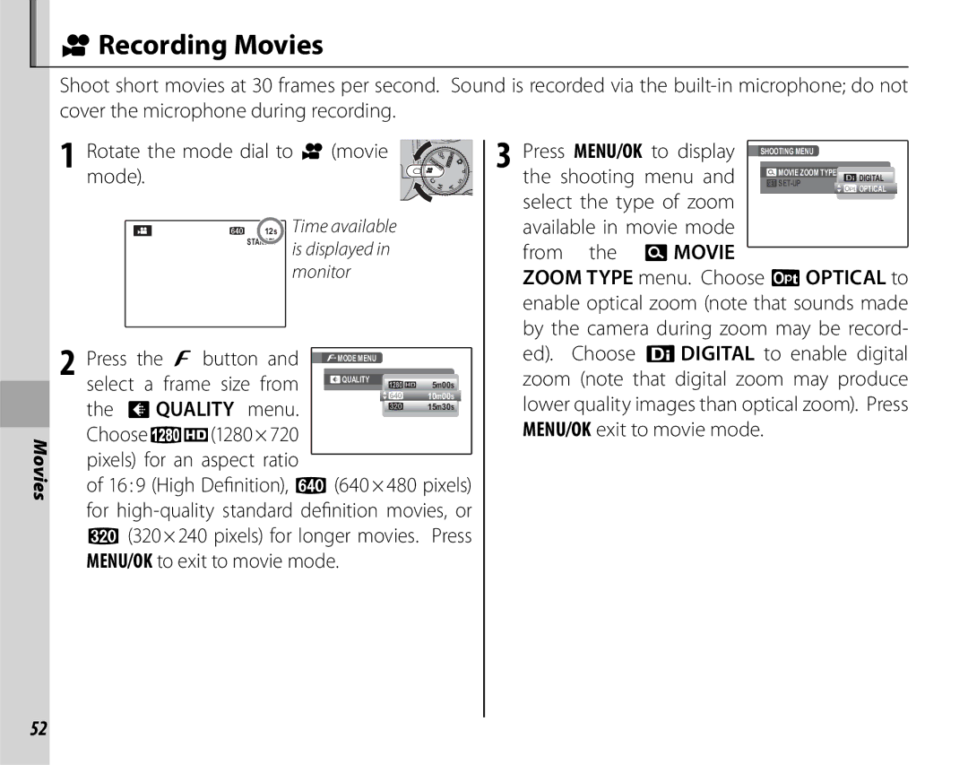 FujiFilm S1800, S1900, S1600, S1700, S2700HD FRecording Movies, Rotate the mode dial to Fmovie mode, Select the type of zoom 