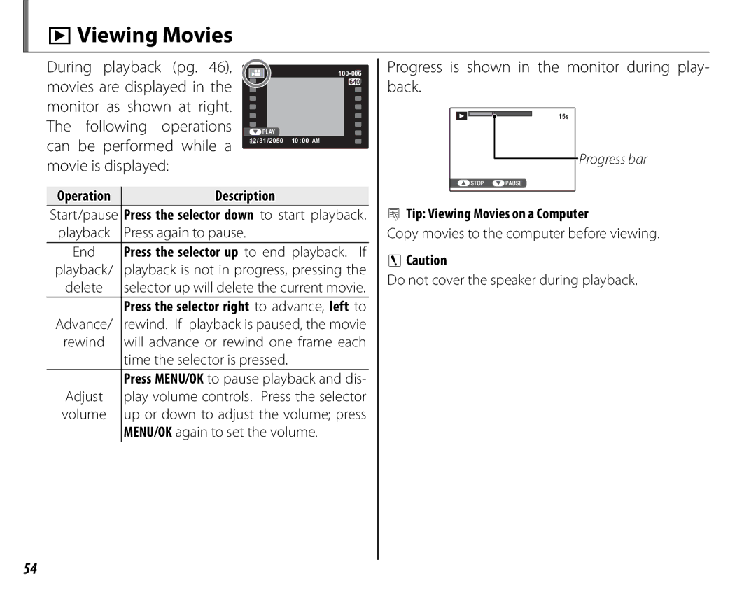 FujiFilm S1600 AViewing Movies, Progress is shown in the monitor during play- back, Tip Viewing Movies on a Computer 