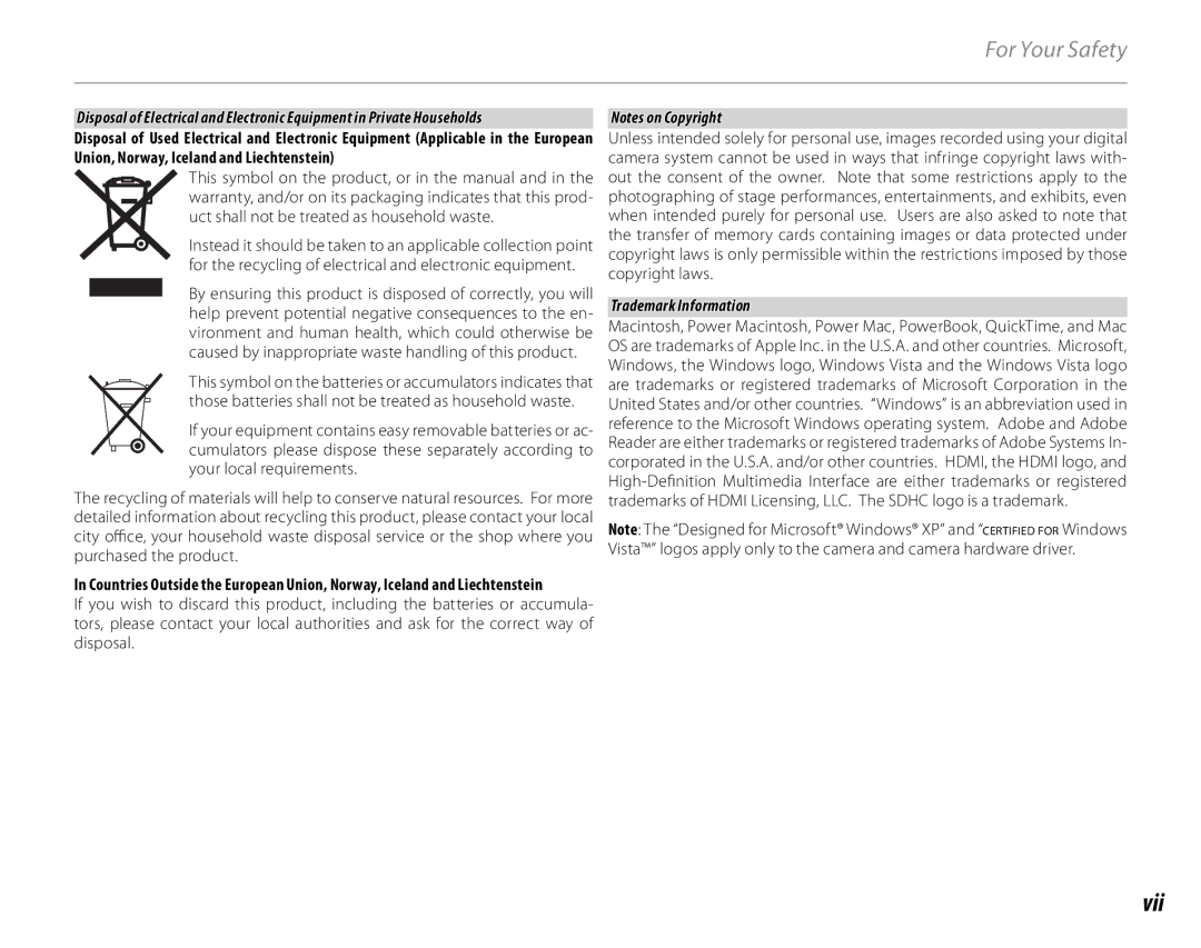 FujiFilm S1900, S1800, S1600, S1700, S2700HD, S2500HD owner manual Vii, Trademark Information 