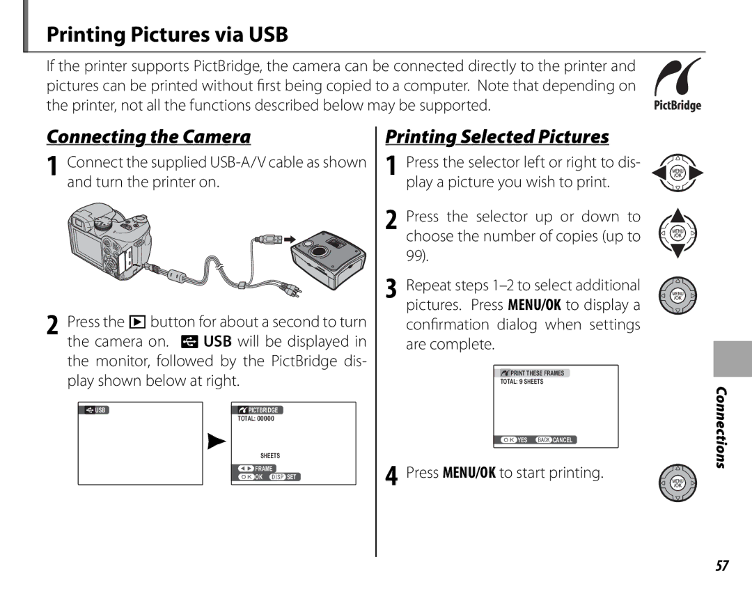 FujiFilm S2500HD, S1800, S1900, S1600, S1700 Printing Pictures via USB, Connecting the Camera, Printing Selected Pictures 