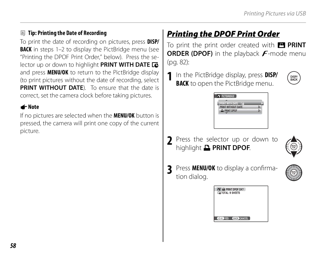 FujiFilm S1800, S1900, S1600, S1700, S2700HD, S2500HD Printing the Dpof Print Order, Tip Printing the Date of Recording 