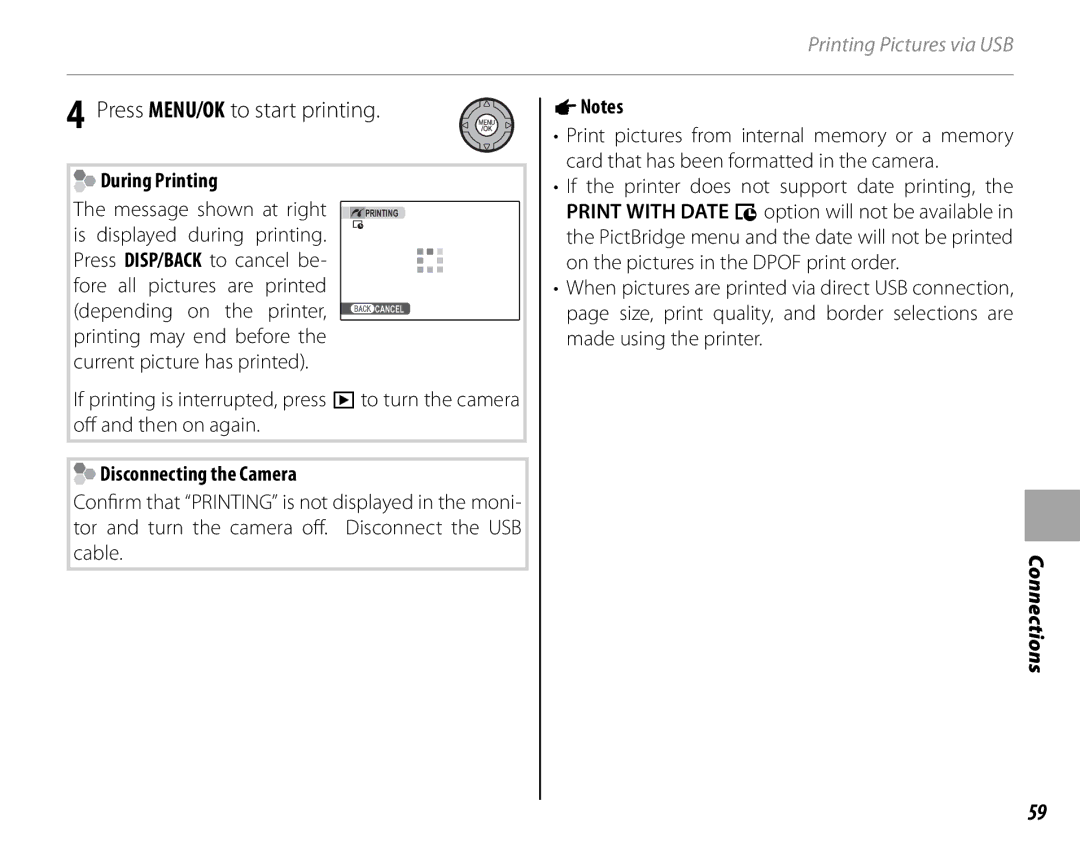 FujiFilm S1900, S1800, S1600, S1700, S2700HD, S2500HD owner manual During Printing, Disconnecting the Camera 