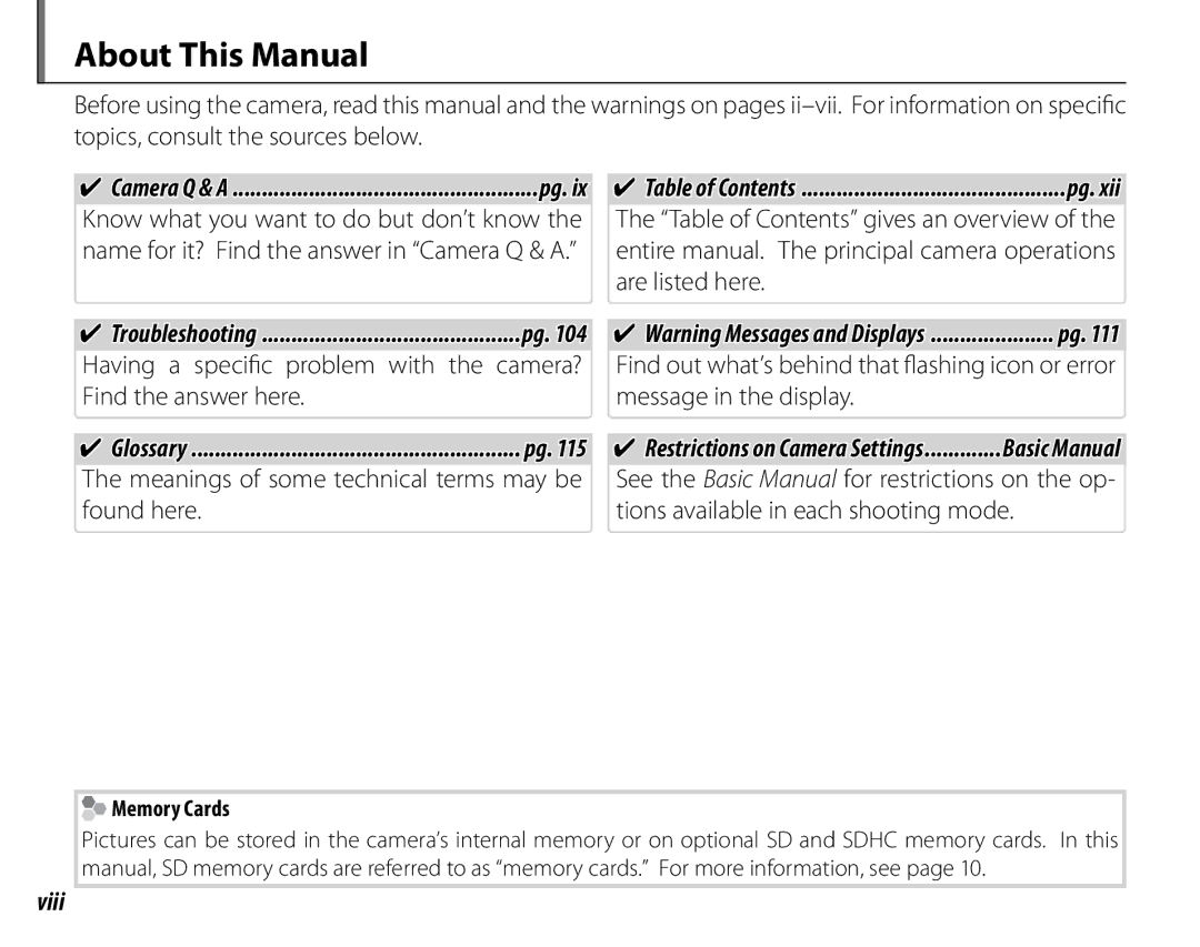 FujiFilm S1600, S1800, S1900, S1700, S2700HD, S2500HD owner manual About This Manual, Viii, Memory Cards 