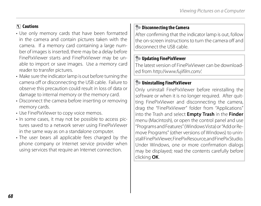FujiFilm S2700HD, S1800, S1900, S1600, S1700 Disconnecting the Camera, Updating FinePixViewer Uninstalling FinePixViewer 