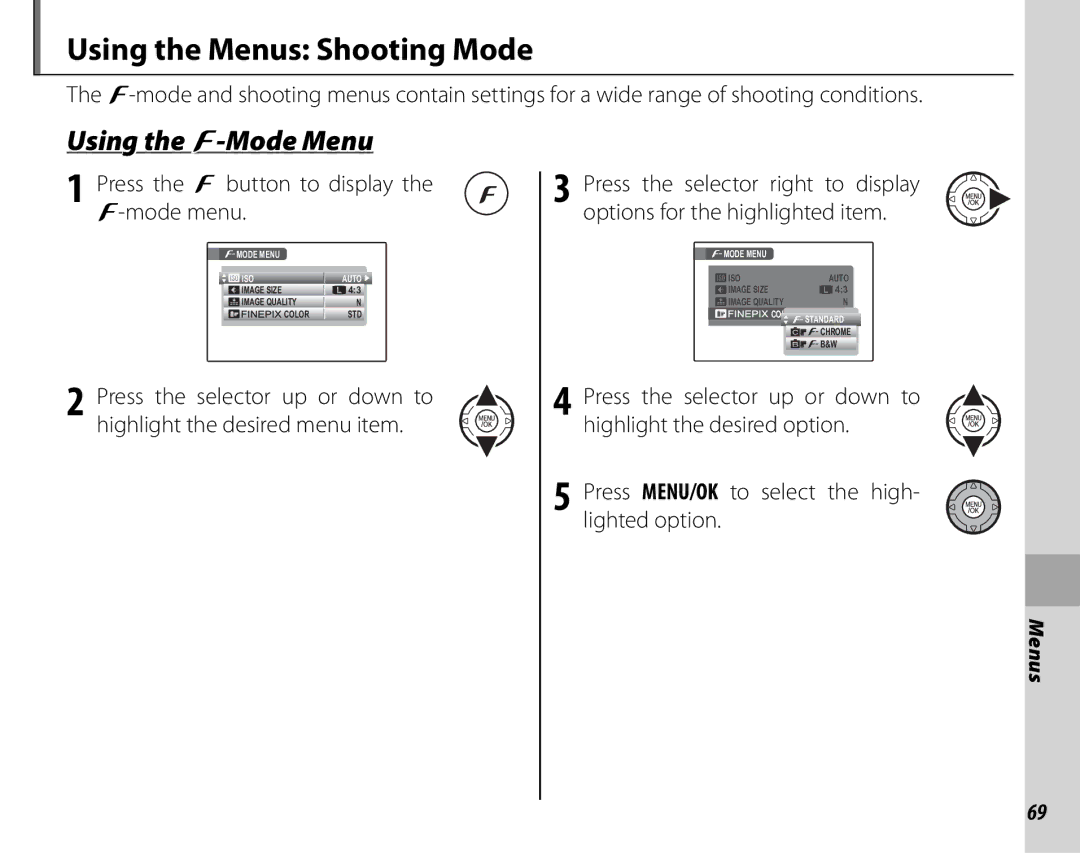 FujiFilm S2500HD Using the Menus Shooting Mode, Using the F-Mode Menu, Press the F button to display the F-mode menu 