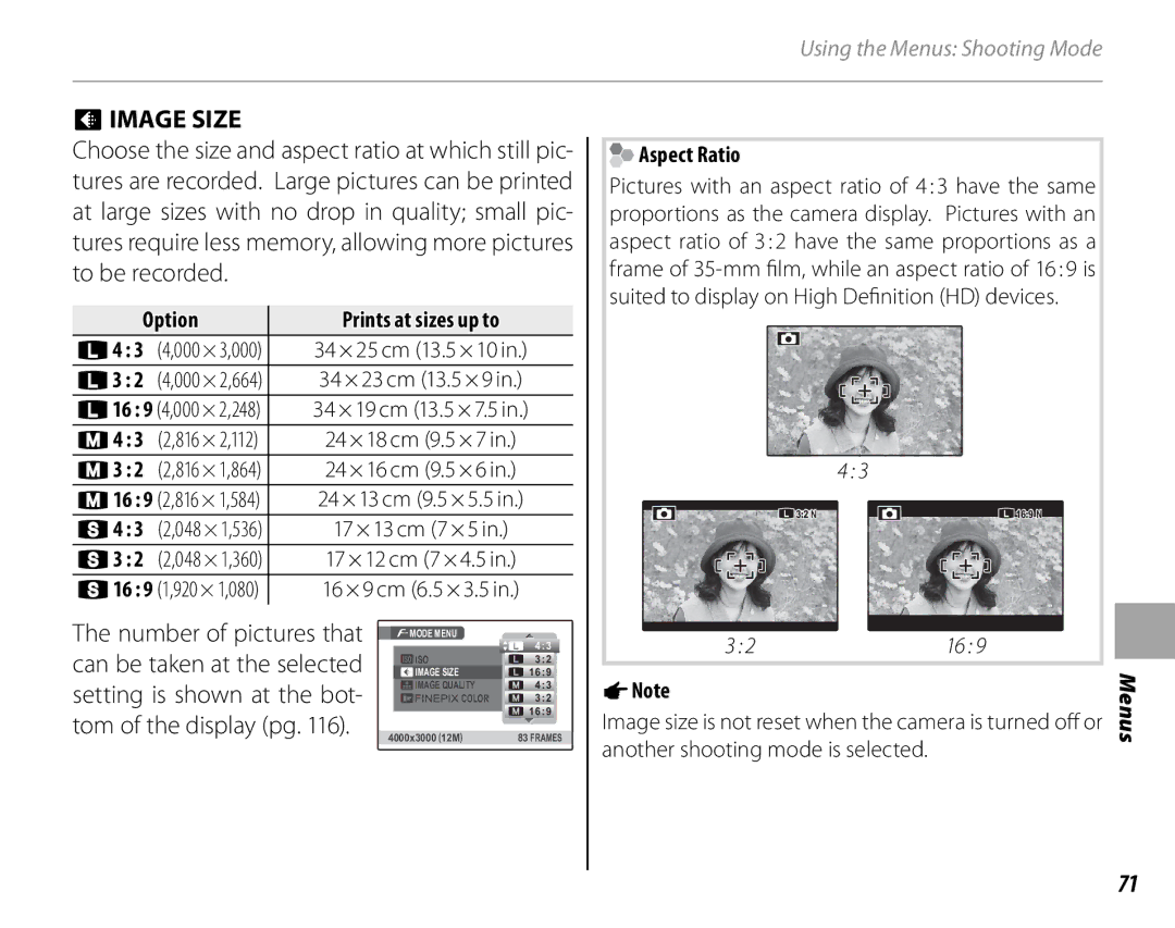 FujiFilm S1900, S1800, S1600, S1700, S2700HD, S2500HD owner manual Oimage Size, Prints at sizes up to, P16, Q16, Aspect Ratio 