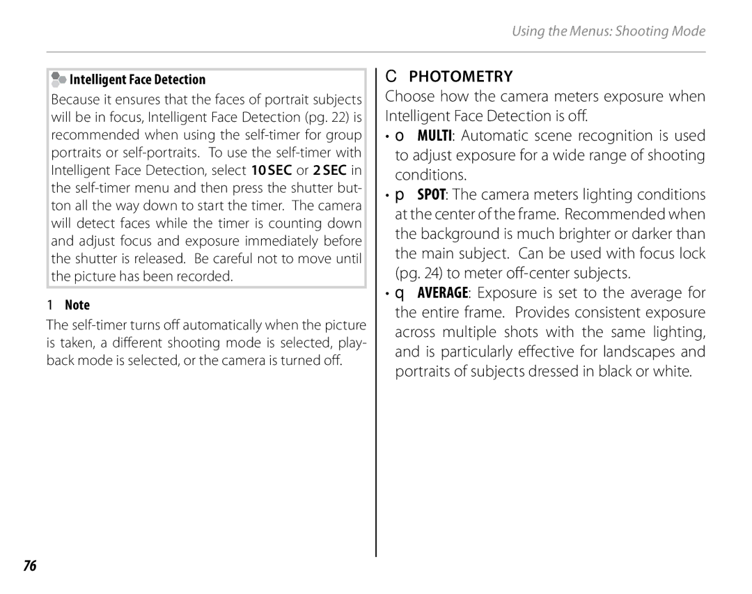 FujiFilm S1800, S1900, S1600, S1700, S2700HD, S2500HD owner manual Photometry, Intelligent Face Detection 