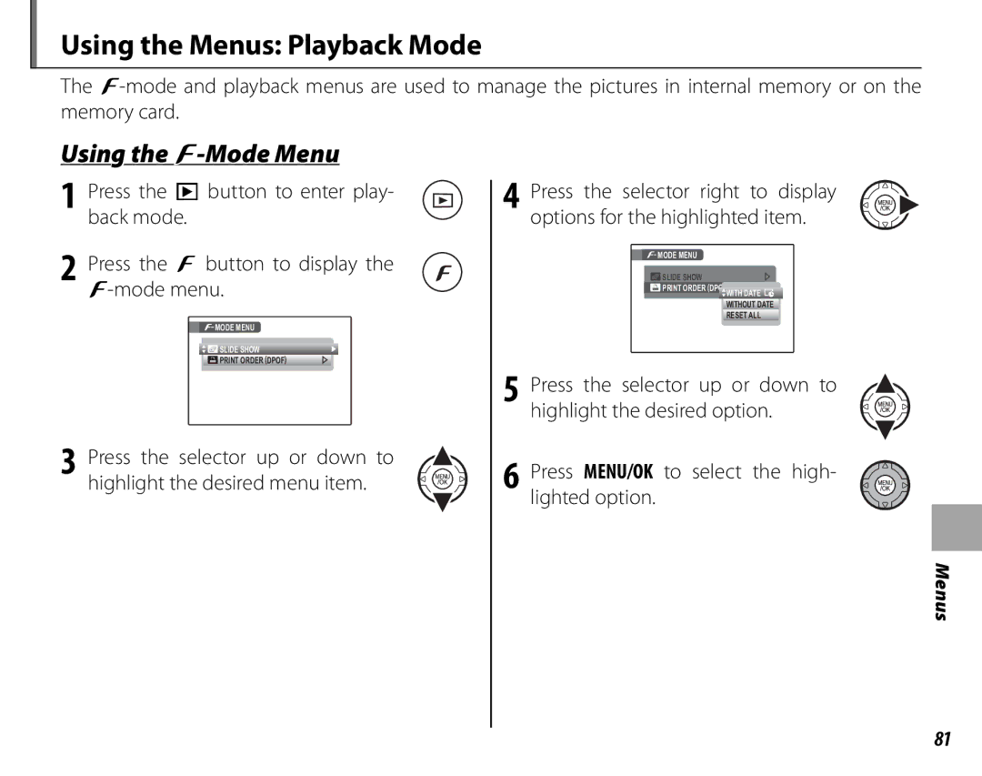 FujiFilm S2500HD, S1800, S1900, S1600, S1700, S2700HD owner manual Using the Menus Playback Mode, Using the F-Mode Menu 