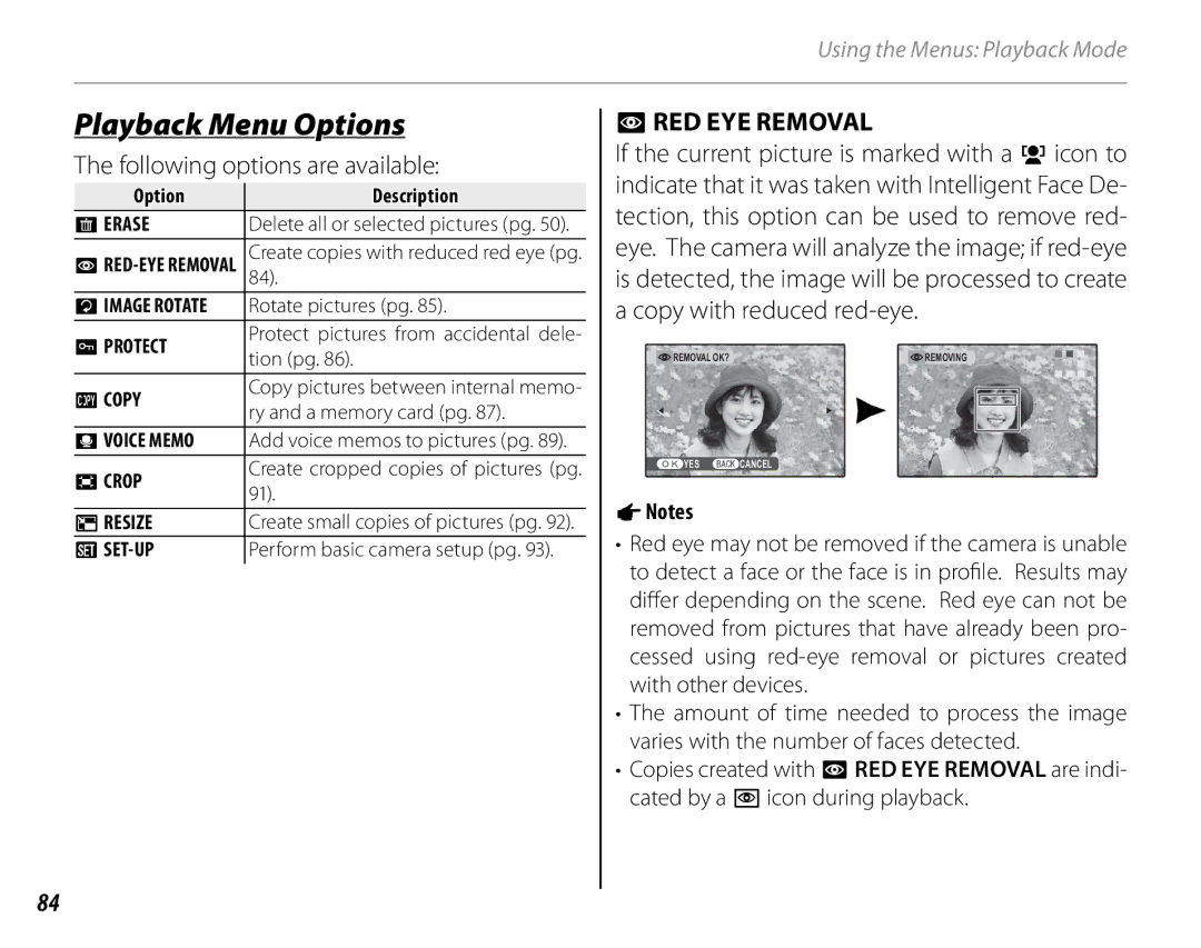 FujiFilm S1600, S1800, S1900, S1700, S2700HD, S2500HD Playback Menu Options, Following options are available, Bred EYE Removal 