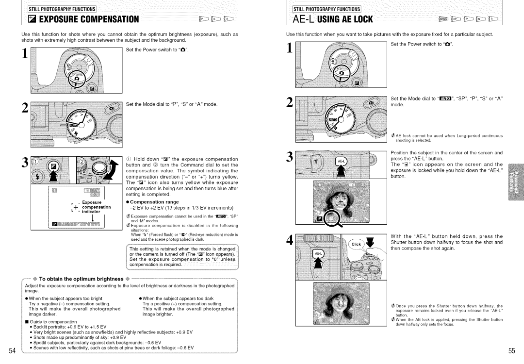 FujiFilm S7000 Set the Mode dial to IBi@ILSP, P, S or a, Exposure Compensation Range, Indicator, Obtain Optimum Brightness 