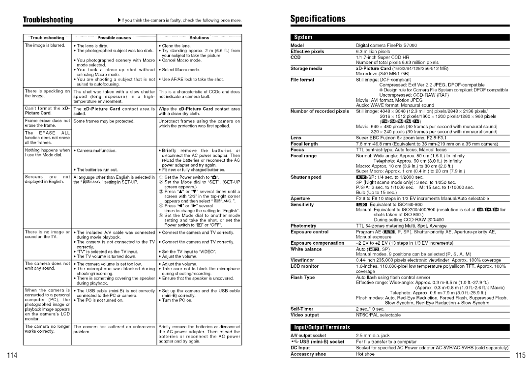 FujiFilm S7000 owner manual Specifications, 114, 115, There Is no Image, Sound On the TV 