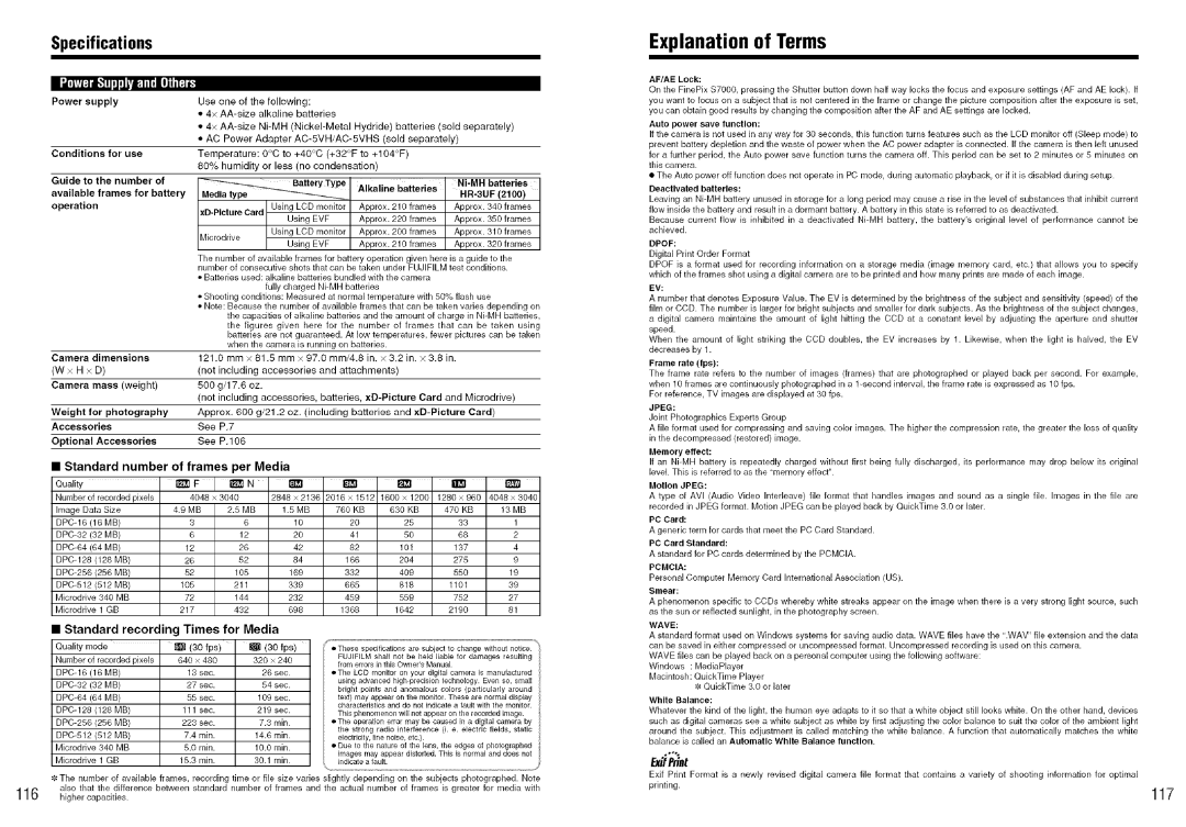 FujiFilm S7000 Specifications Explanation of Terms, 117, Standard recording Times for Media, Conditions for use 