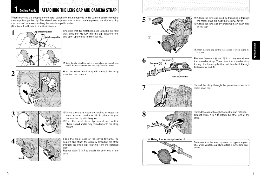 FujiFilm S7000 owner manual @ Using the lens cap holder @, Gap Metal strap clip, Fastener@, Lens cap holder 