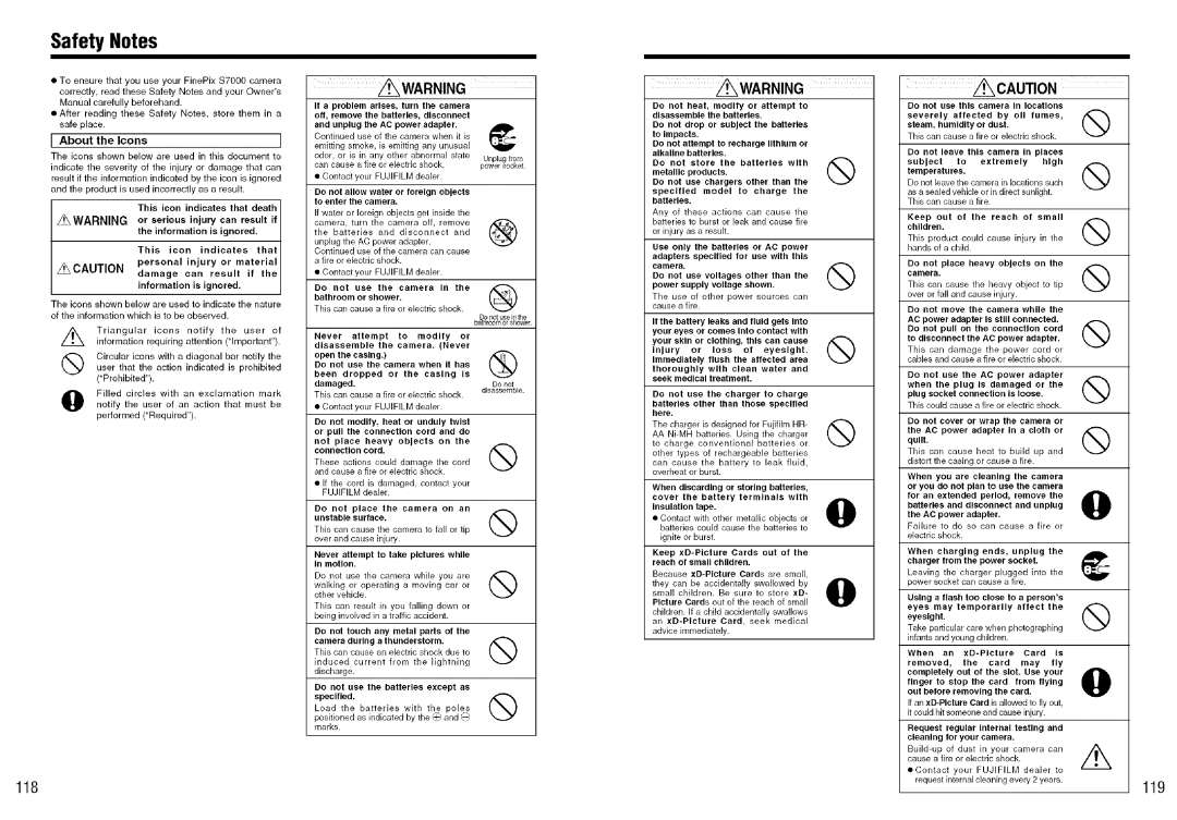 FujiFilm S7000 owner manual Safety Notes, 119, About the Icons 