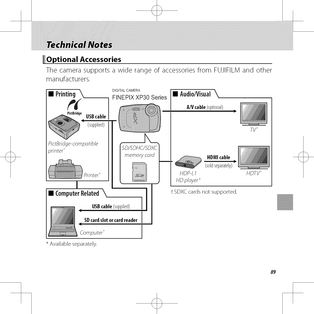 FujiFilm XP30 owner manual Ptional Accessories, Printing, Audio/Visual, Computer Related 