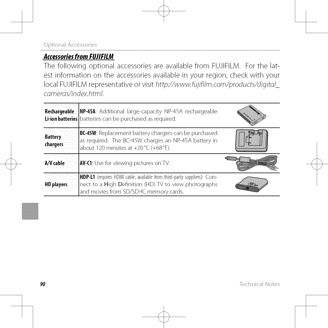 FujiFilm XP30 owner manual OptionaiAccessories, Battery Chargers, Vcable AV-CI Use for viewing pictures on TV 