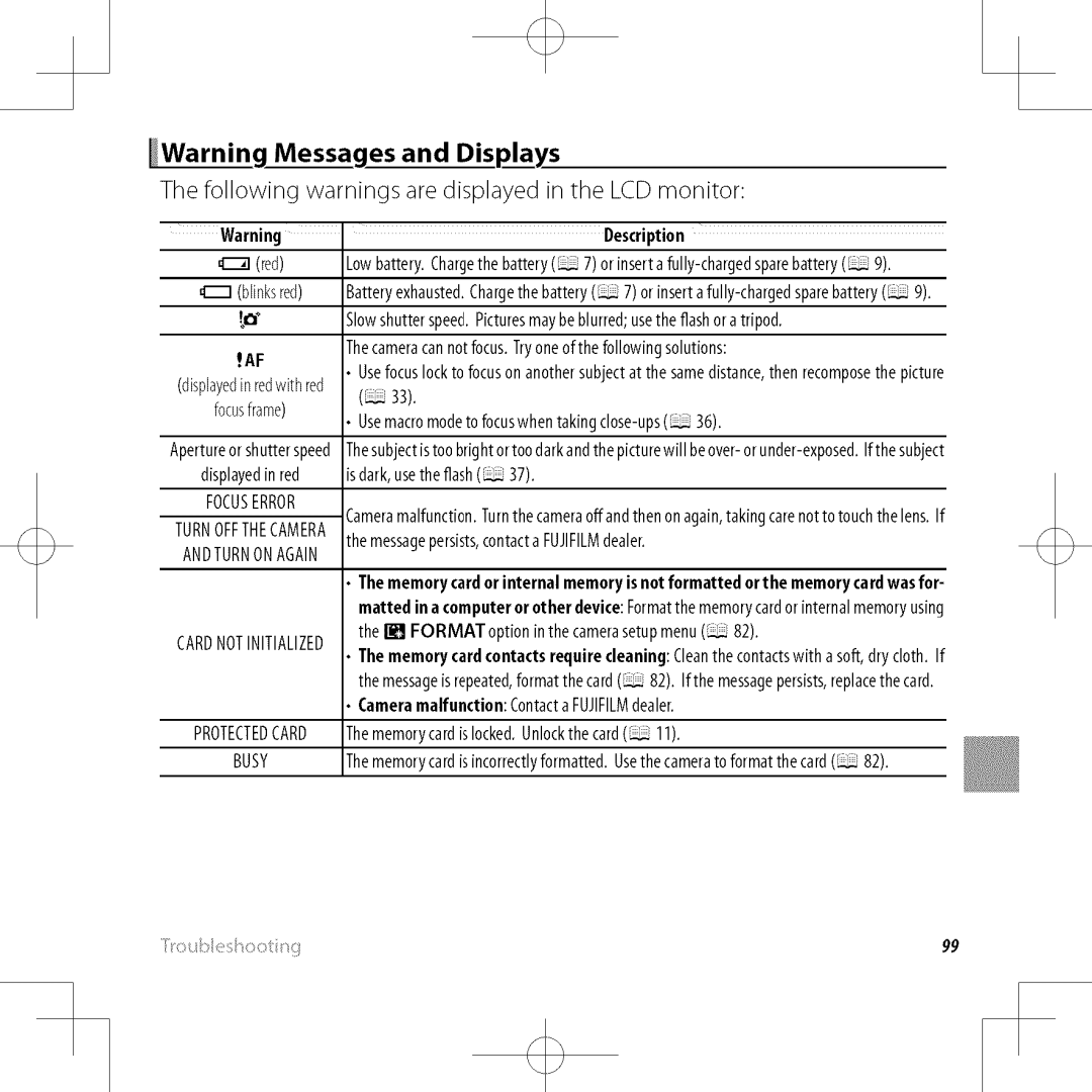 FujiFilm XP30 owner manual Warninq Messages and Displays, Following warnings aredisplayed in the LCDmonitor 