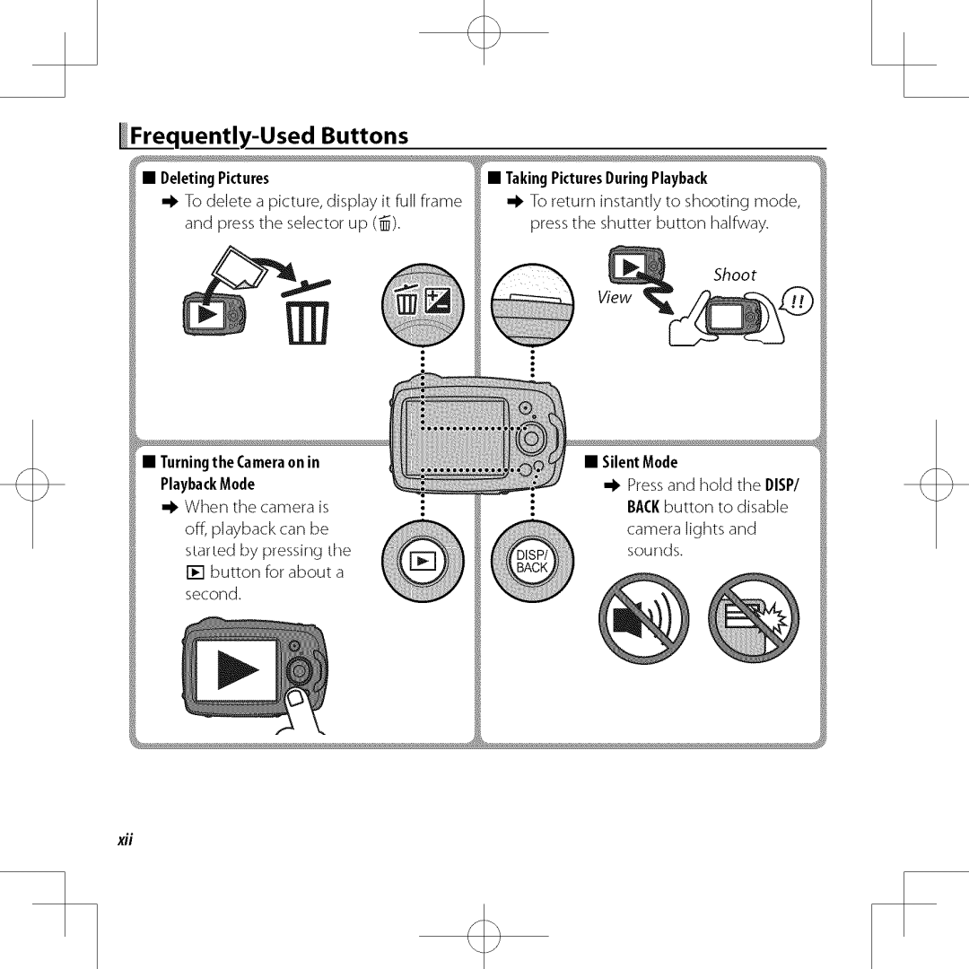 FujiFilm XP30 owner manual Quently-Used, Buttons, Cameraon Silent Mode PlaybackMode, Disp 