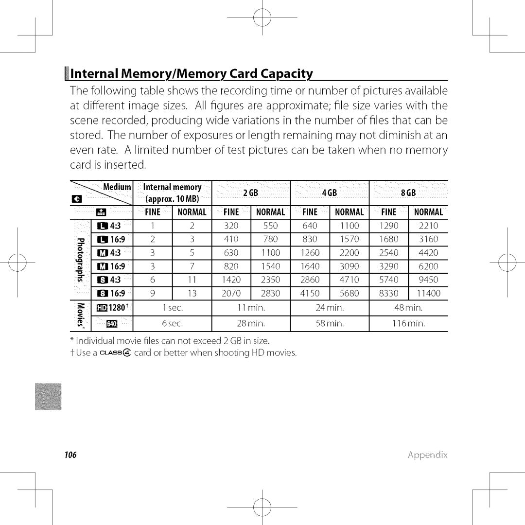 FujiFilm XP30 owner manual 0169, Lnternal Memory/Memory Card Capacity 