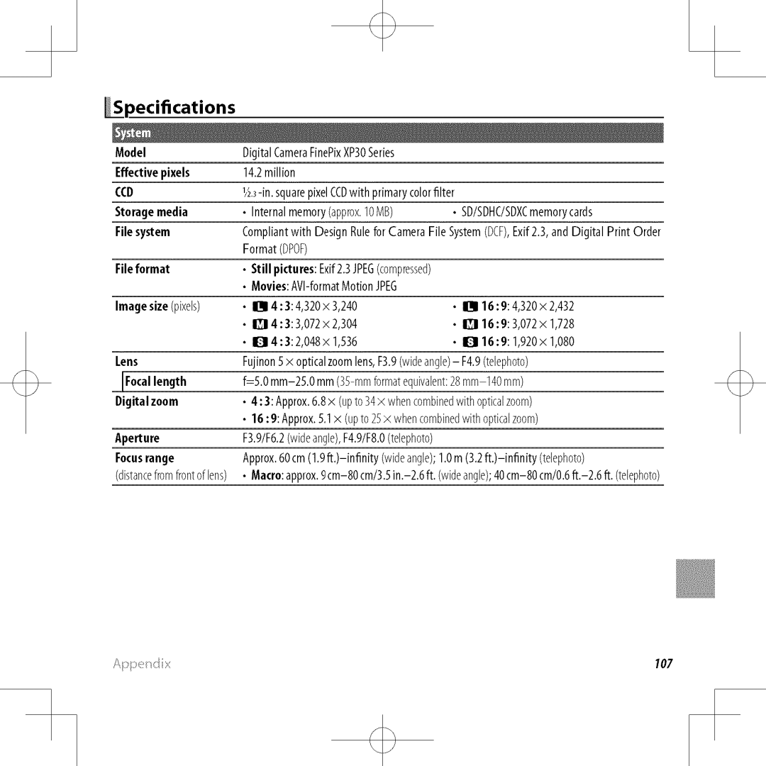 FujiFilm XP30 owner manual Pecifications 