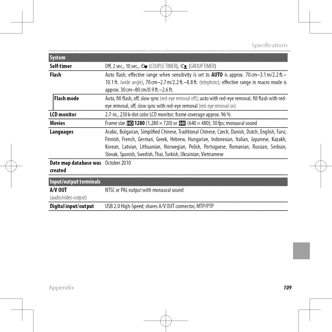 FujiFilm XP30 owner manual Self-timer, Flashmode, Languages, Reared, Digital inputloutput 