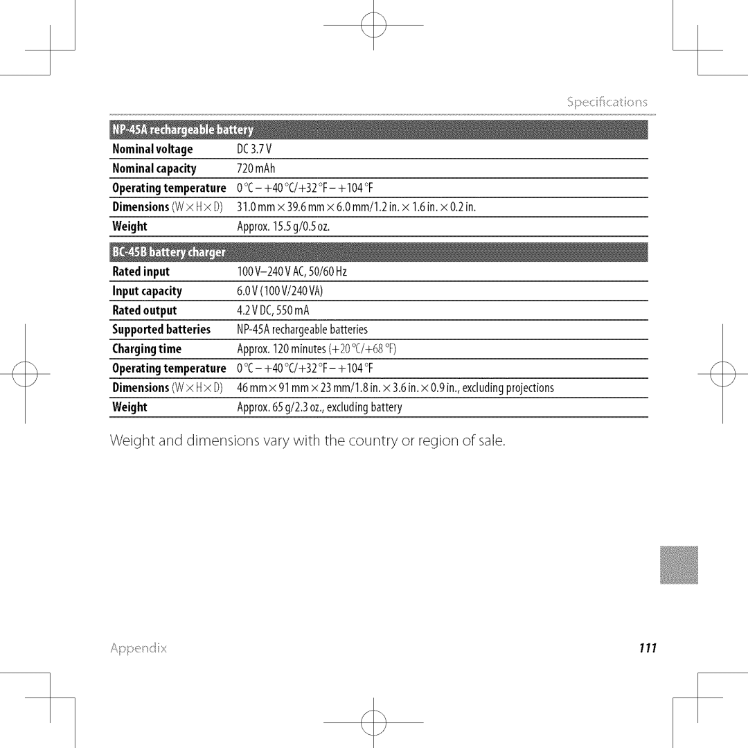 FujiFilm XP30 owner manual Specifictin, Nominalvoltage DC3.7 Nominal capacity, Operating temperature, Ratedinput, Weight 