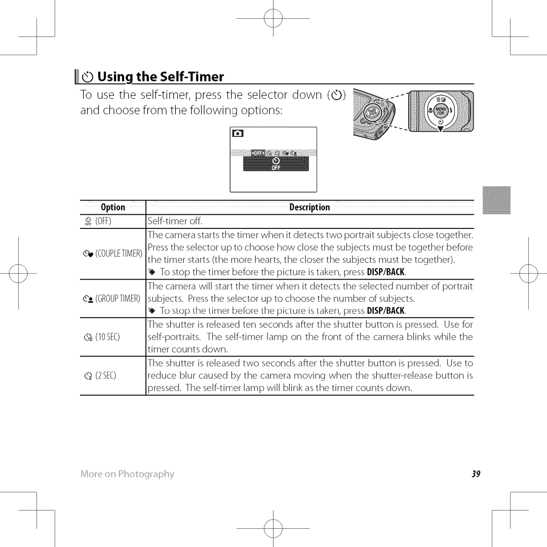 FujiFilm XP30 owner manual Using the Self-Timer, Off 