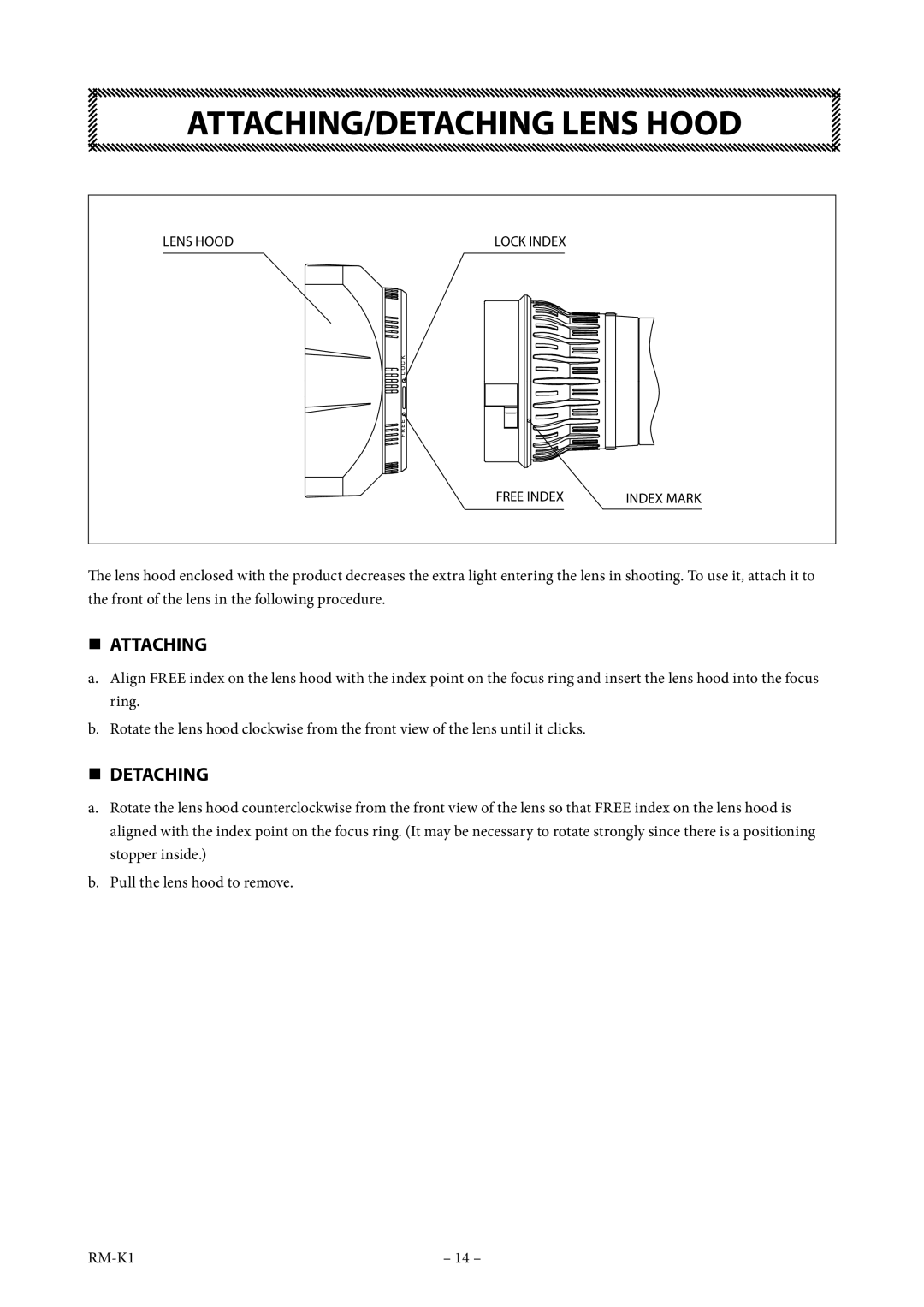 FujiFilm XT174.5BRM-K14 operation manual ATTACHING/DETACHING Lens Hood,  Attaching,  Detaching 