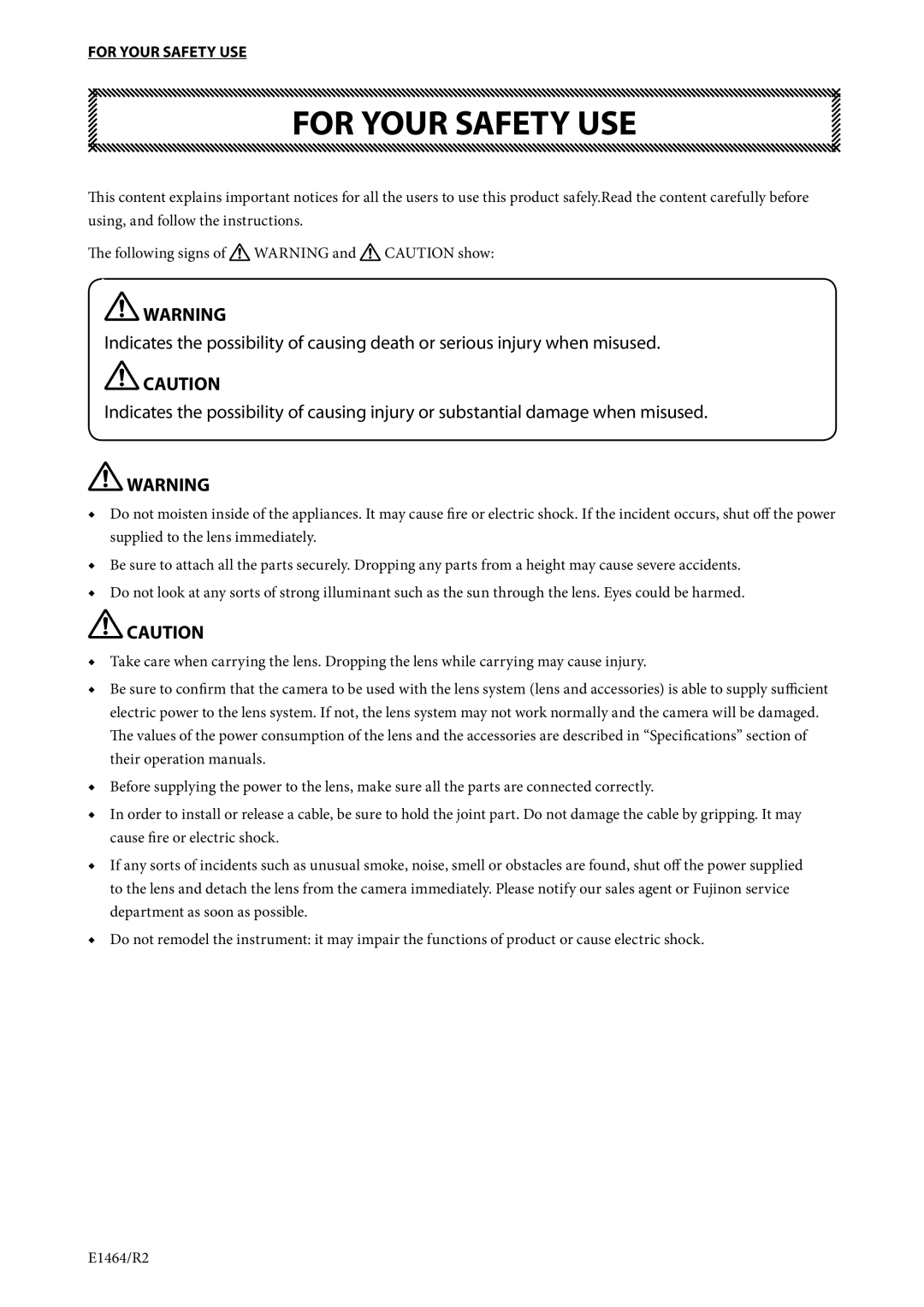 FujiFilm XT174.5BRM-K14 operation manual For Your Safety USE 