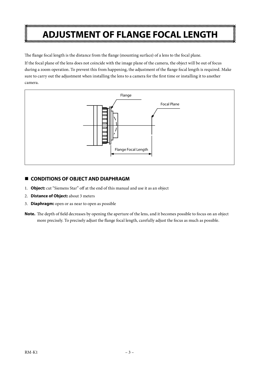 FujiFilm XT174.5BRM-K14 operation manual Adjustment of Flange Focal Length,  Conditions of Object and Diaphragm 