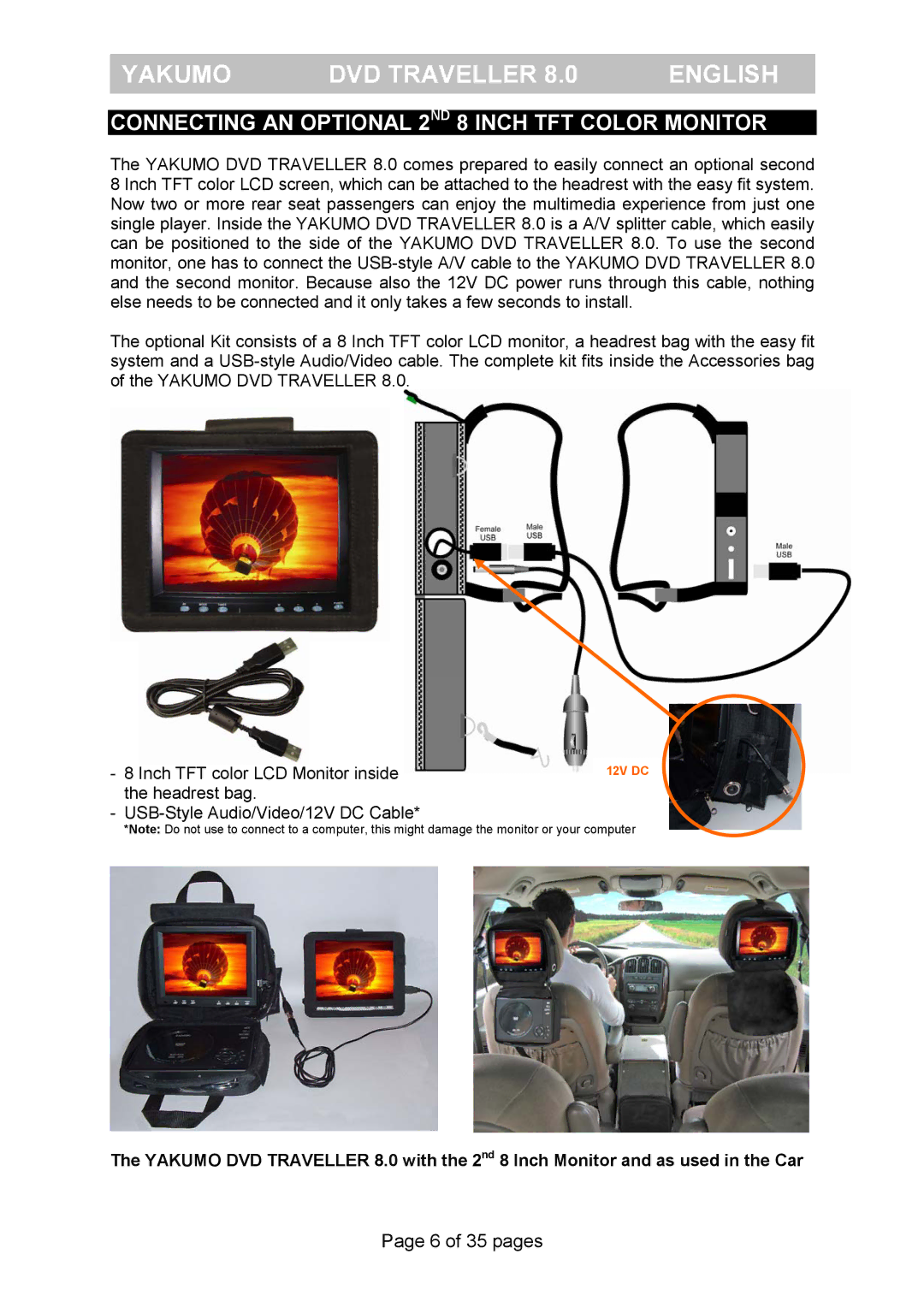 FujiFilm Yakumo DVD Travelle manual Connecting AN Optional 2ND 8 Inch TFT Color Monitor 