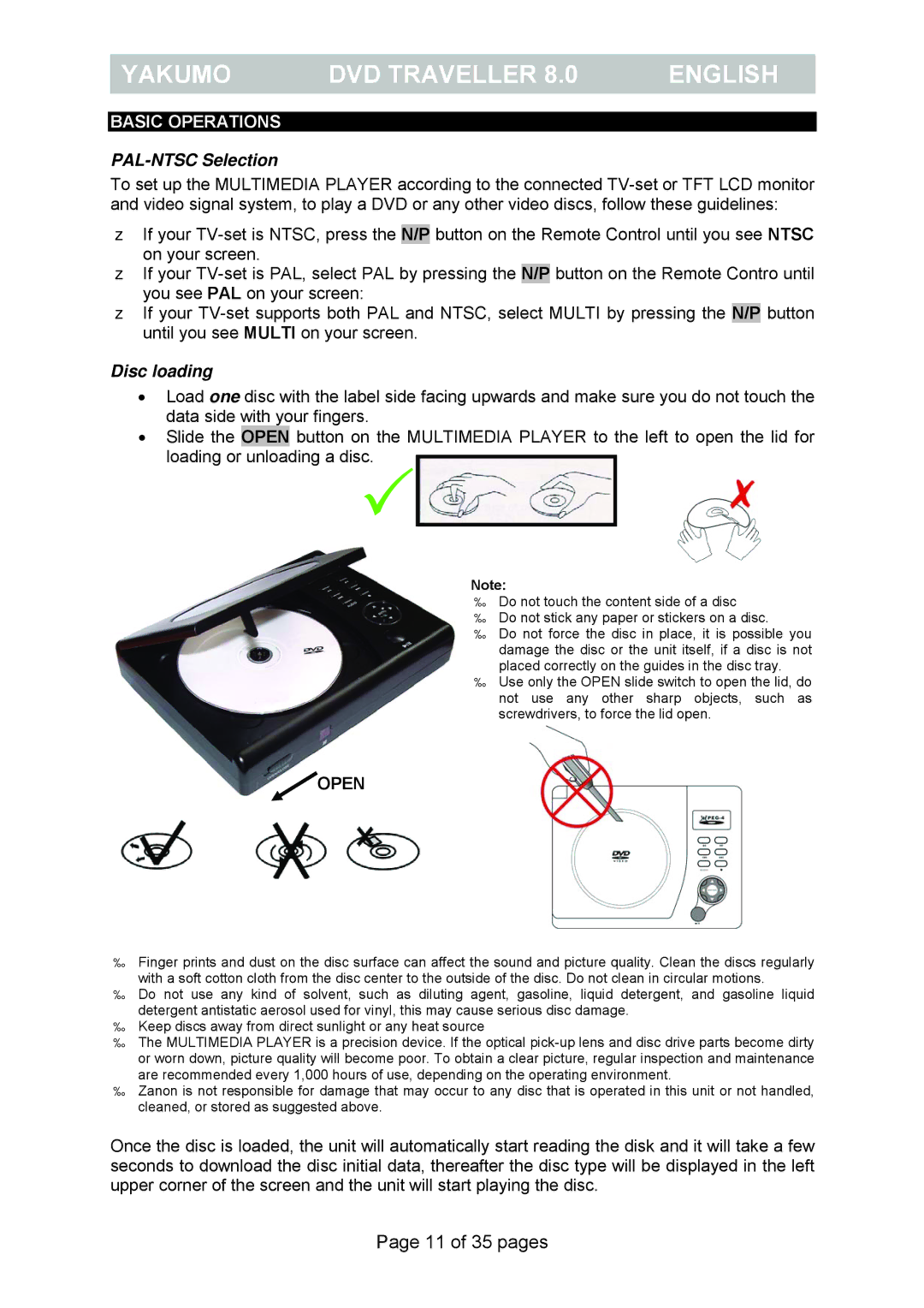 FujiFilm Yakumo DVD Travelle manual PAL-NTSC Selection, Disc loading 