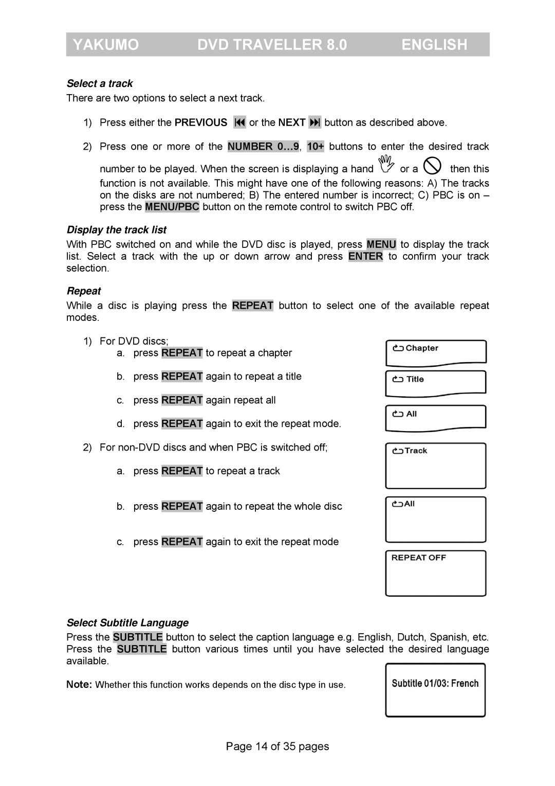 FujiFilm Yakumo DVD Travelle manual Select a track, Display the track list, Repeat, Select Subtitle Language 