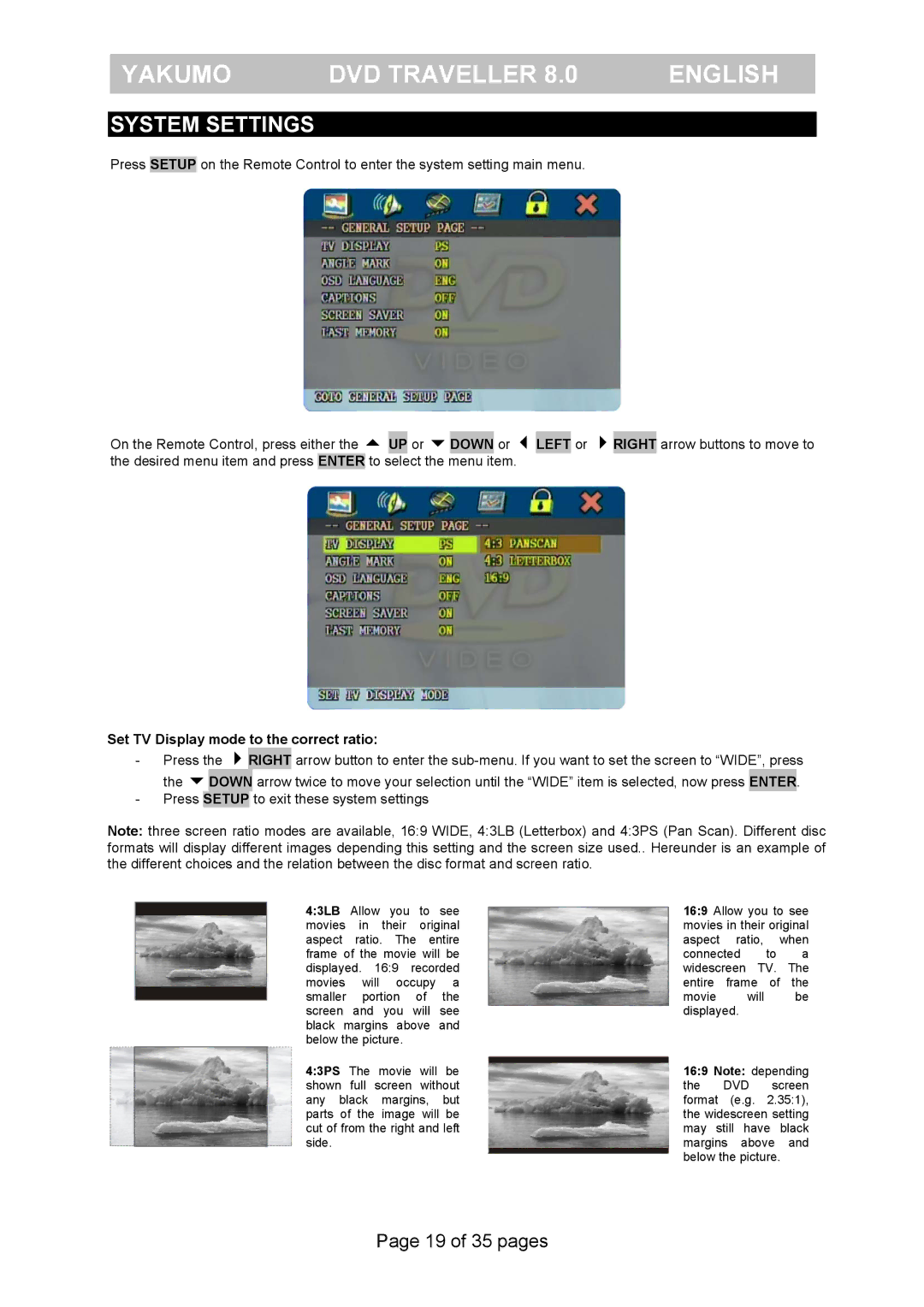 FujiFilm Yakumo DVD Travelle manual System Settings, Set TV Display mode to the correct ratio 