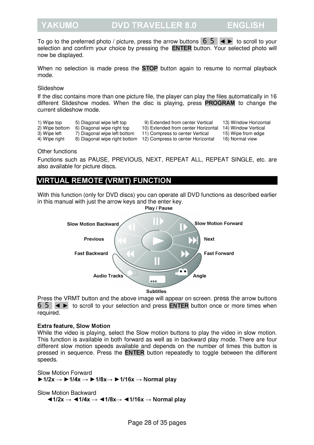 FujiFilm Yakumo DVD Travelle manual Virtual Remote Vrmt Function, Slideshow, Slow Motion Forward, Slow Motion Backward 