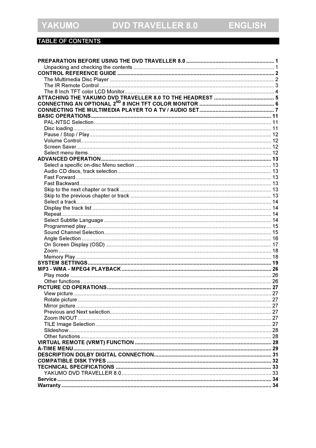 FujiFilm Yakumo DVD Travelle manual Table of Contents 