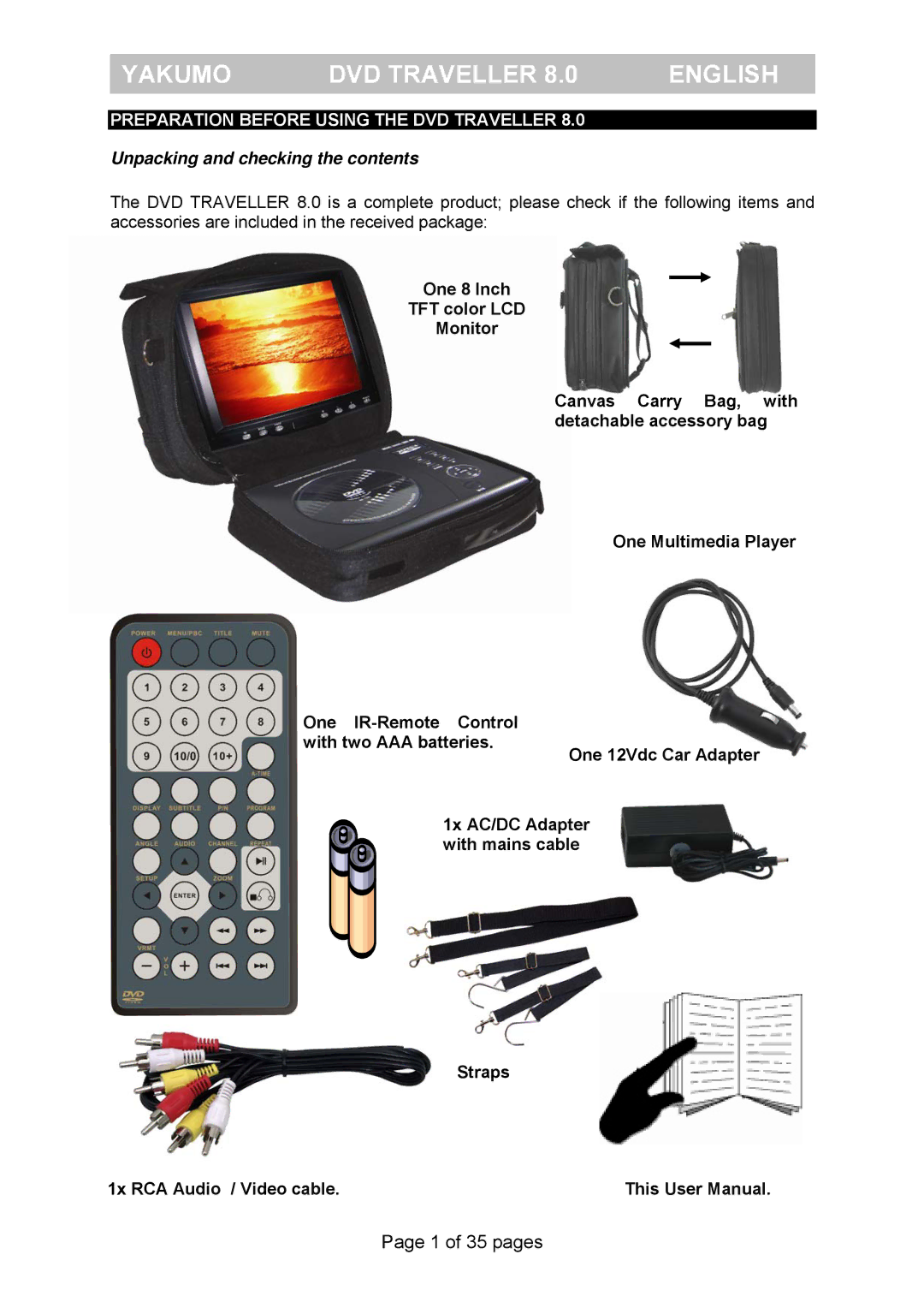 FujiFilm Yakumo DVD Travelle manual Unpacking and checking the contents 