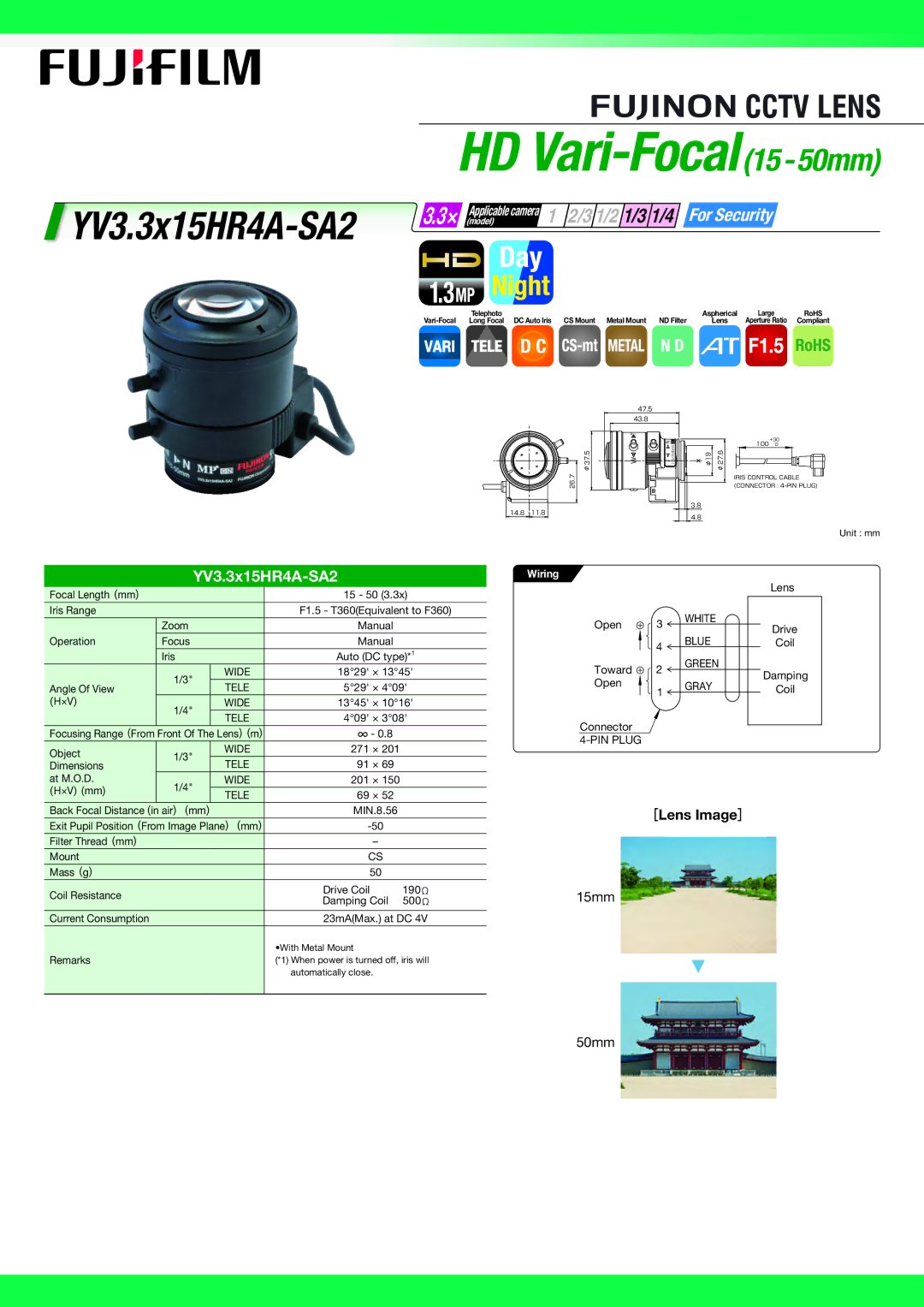 FujiFilm YV3.3X15HR4A-SA2 dimensions HD Vari-Focal 15 50mm, 3 1/2 1/3 1/4 For Security, YV3.3x15HR4A-SA2, Model 