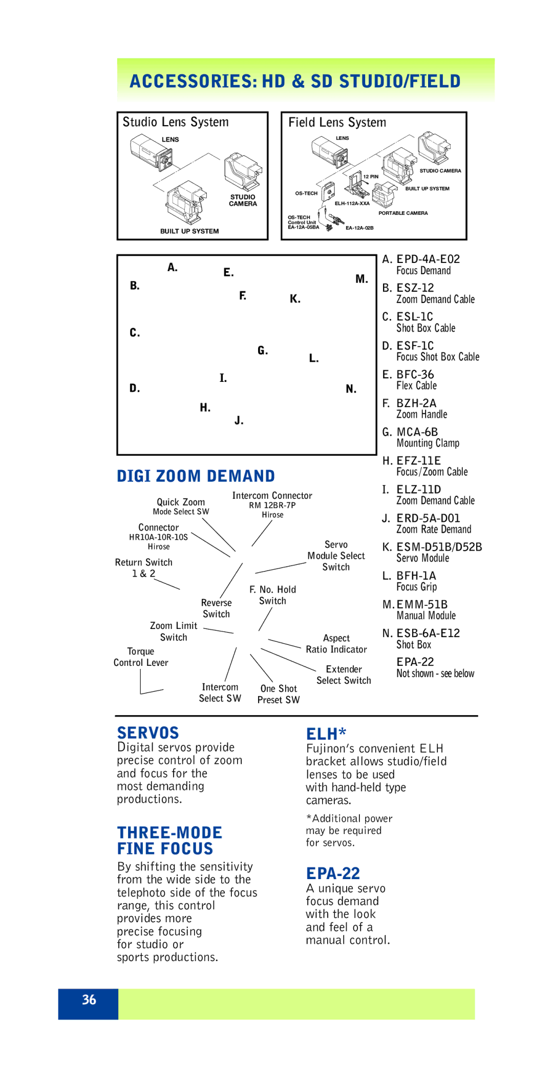 FujiFilm ZA12X4.5B RM/RD specifications Accessories HD & SD STUDIO/FIELD, Servos, Elh, EPA-22 