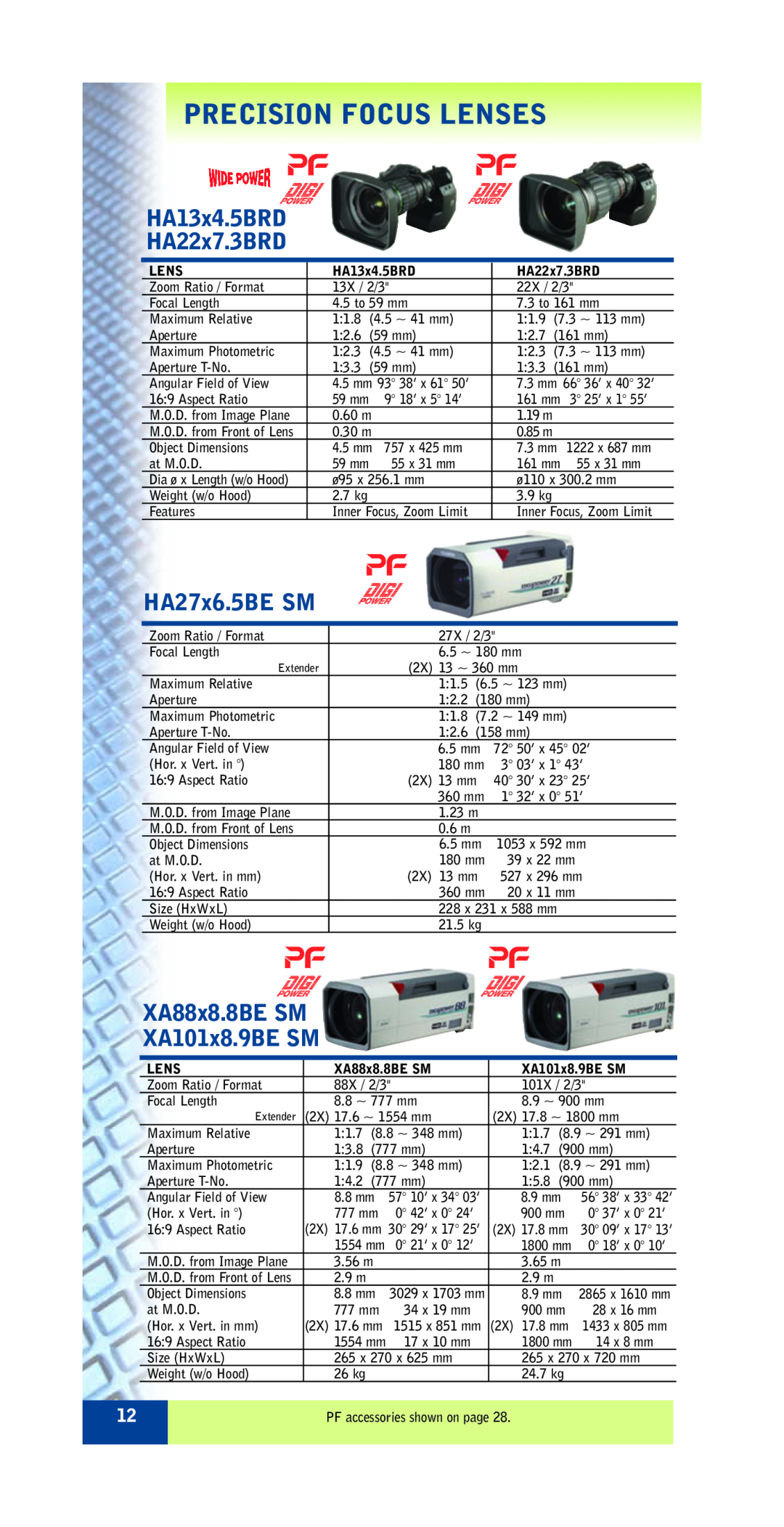 FujiFilm ZA12X4.5B RM/RD HA13x4.5BRD HA22x7.3BRD, HA27x6.5BE SM, XA88x8.8BE SM XA101x8.9BE SM, Precision Focus Lenses 