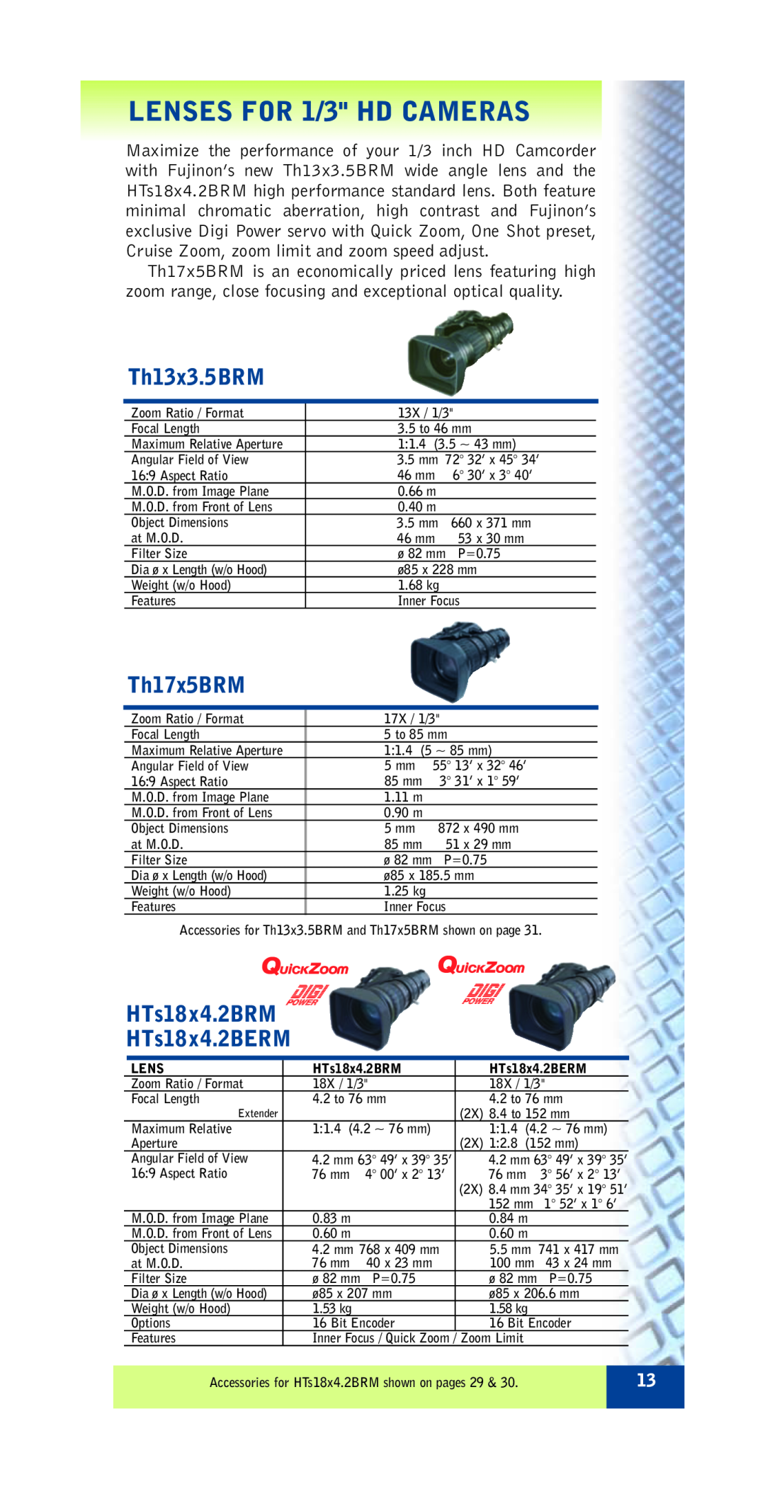 FujiFilm ZA12X4.5B RM/RD specifications LENSES FOR 1/3 HD CAMERAS, Th13x3.5BRM, Th17x5BRM, HTs18x4.2BRM HTs18x4.2BERM 