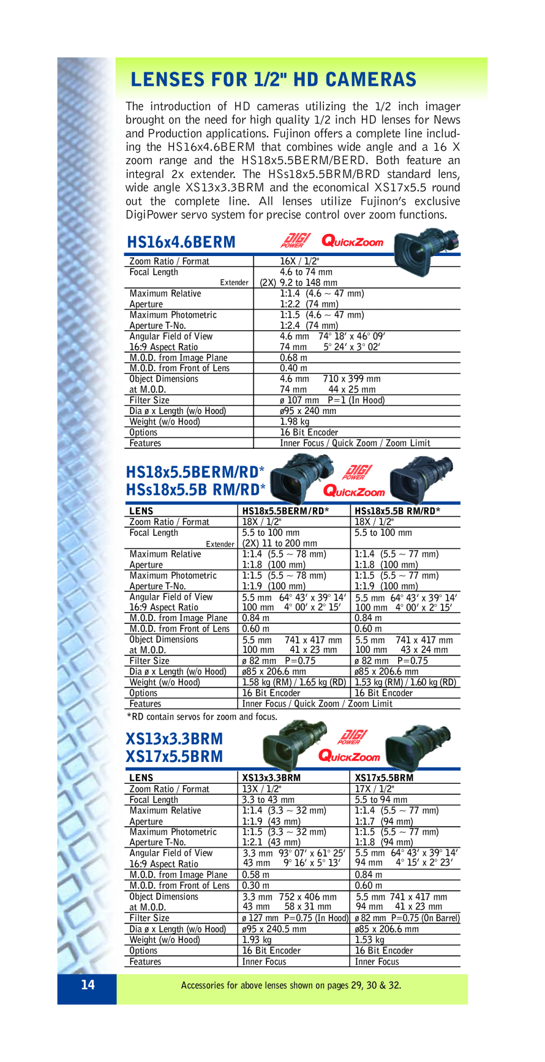 FujiFilm ZA12X4.5B RM/RD specifications LENSES FOR 1/2 HD CAMERAS, HS16x4.6BERM, HS18x5.5BERM/RD HSs18x5.5B RM/RD 